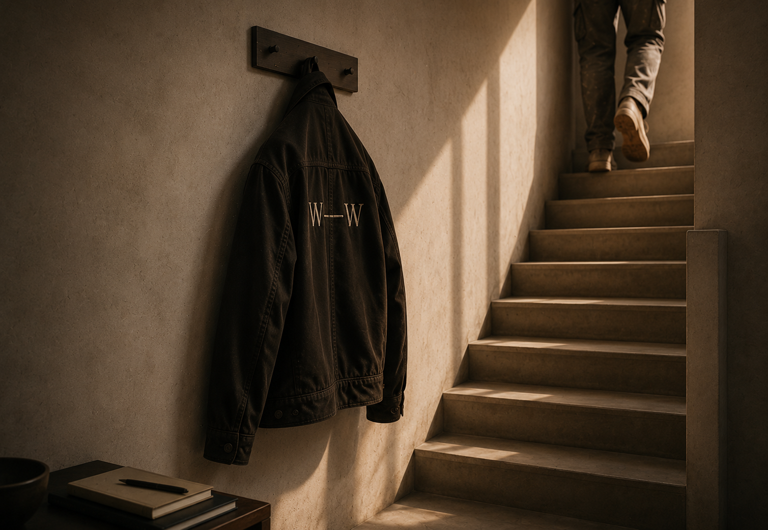 Veste W—W suspendue dans une cage d'escalier en pierre